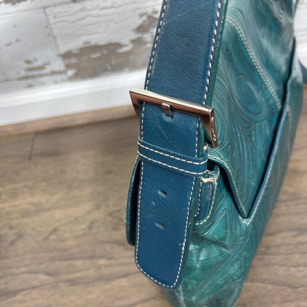 VINTAGE COLE HAAN Hand Tooled Leather Hobo Shoulder Bag Teal Green - Picture 4 of 11